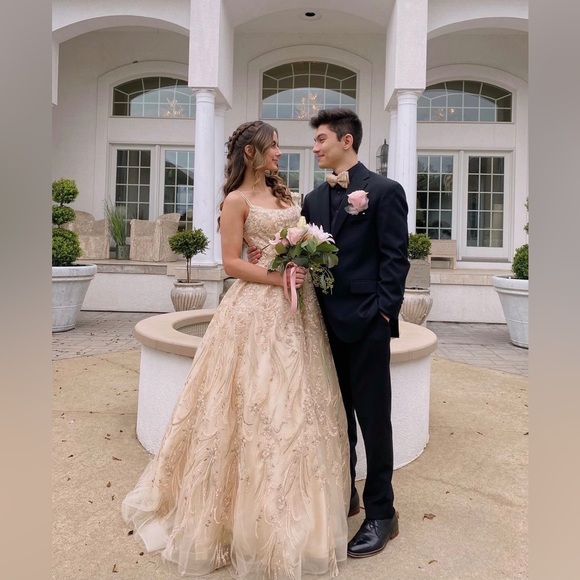 Sherri Hill champagne ballgown dress. - Picture 2 of 3